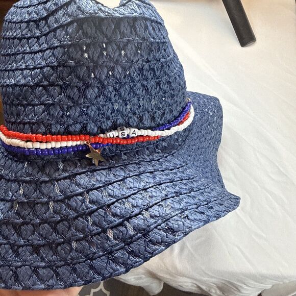SHEIN Navy Blue Straw Hat Red White And Blue Bead Accents USA NWOT - Picture 5 of 12